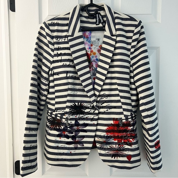 Desigual Jackets & Blazers - Desigual Striped Navy and Cream Linen Women's Blazer - Size L - BRAND NEW